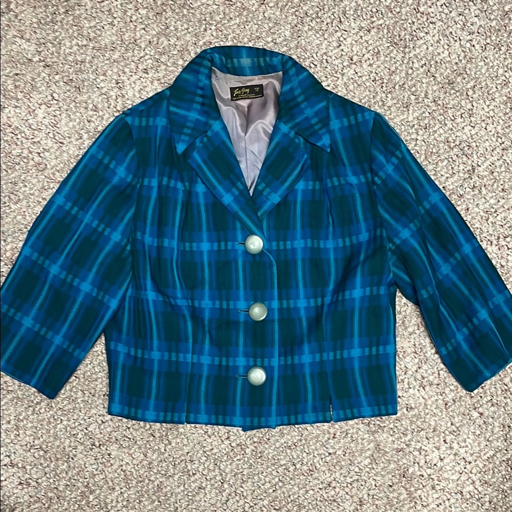 Vintage 50s wool Blue green Plaid Jacket